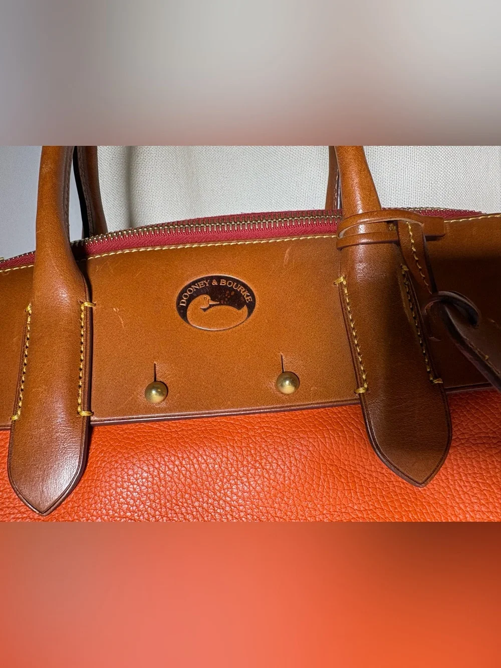 Dooney & Bourke Wilson Satchel Tangerine Orange Pebbled Leather Brown Trim Bag